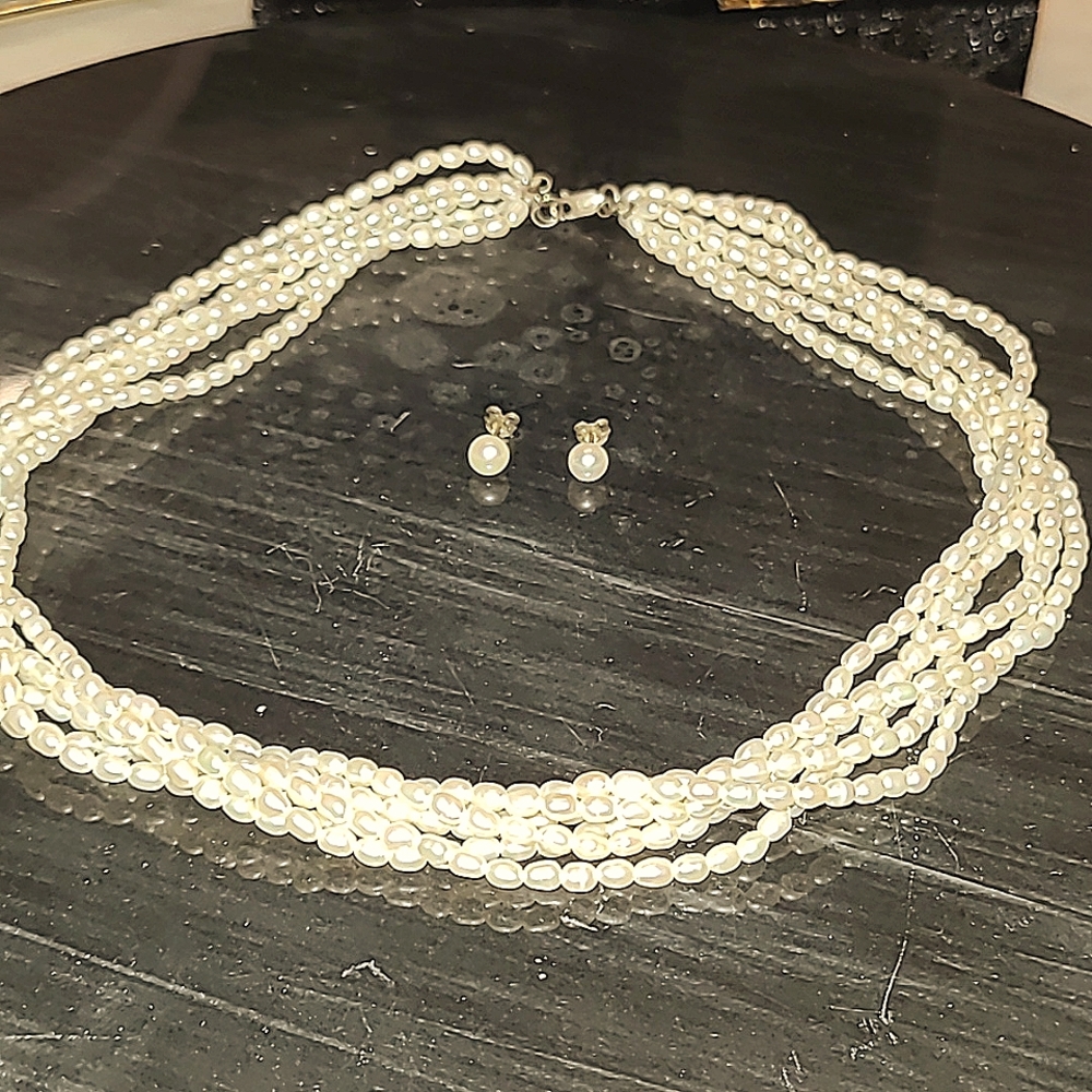 Pearl Necklace earrings set freshwater pearls 6 strands